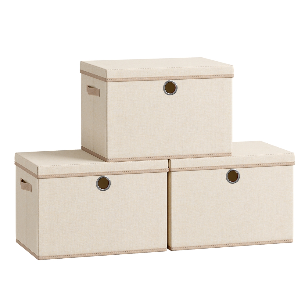 SONGMICS Aufbewahrungsboxen, mit Deckel, 3er Set, Ordnungsboxen, PP-Platten, geruchsneutral, faltbar, stapelbar, Stoffboxen mit Griffen, 43 x 30 x 30 cm, cappuccinobeige RFB545LH01