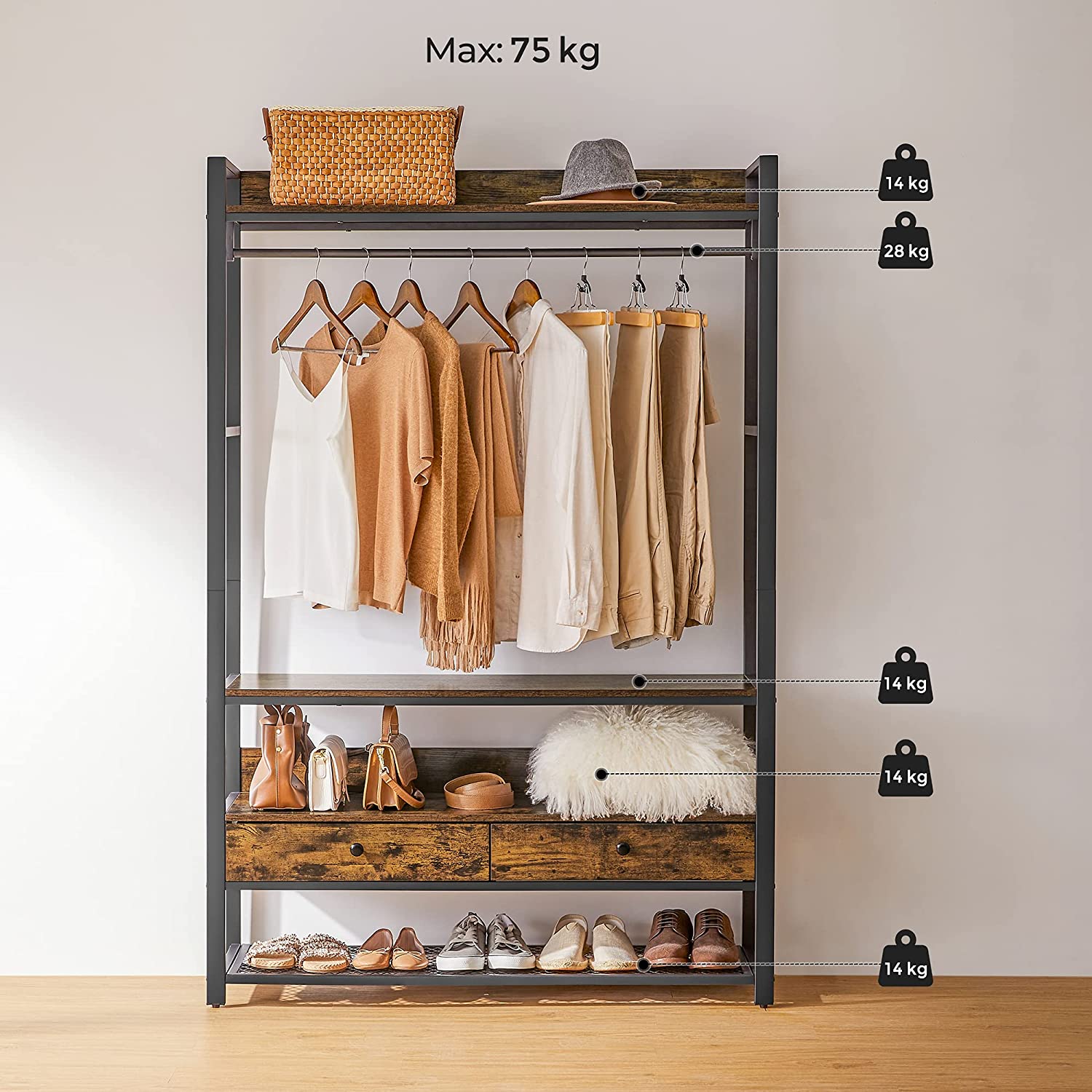 Kleiderschrank offen vintagebraun-schwarz | VASAGLE