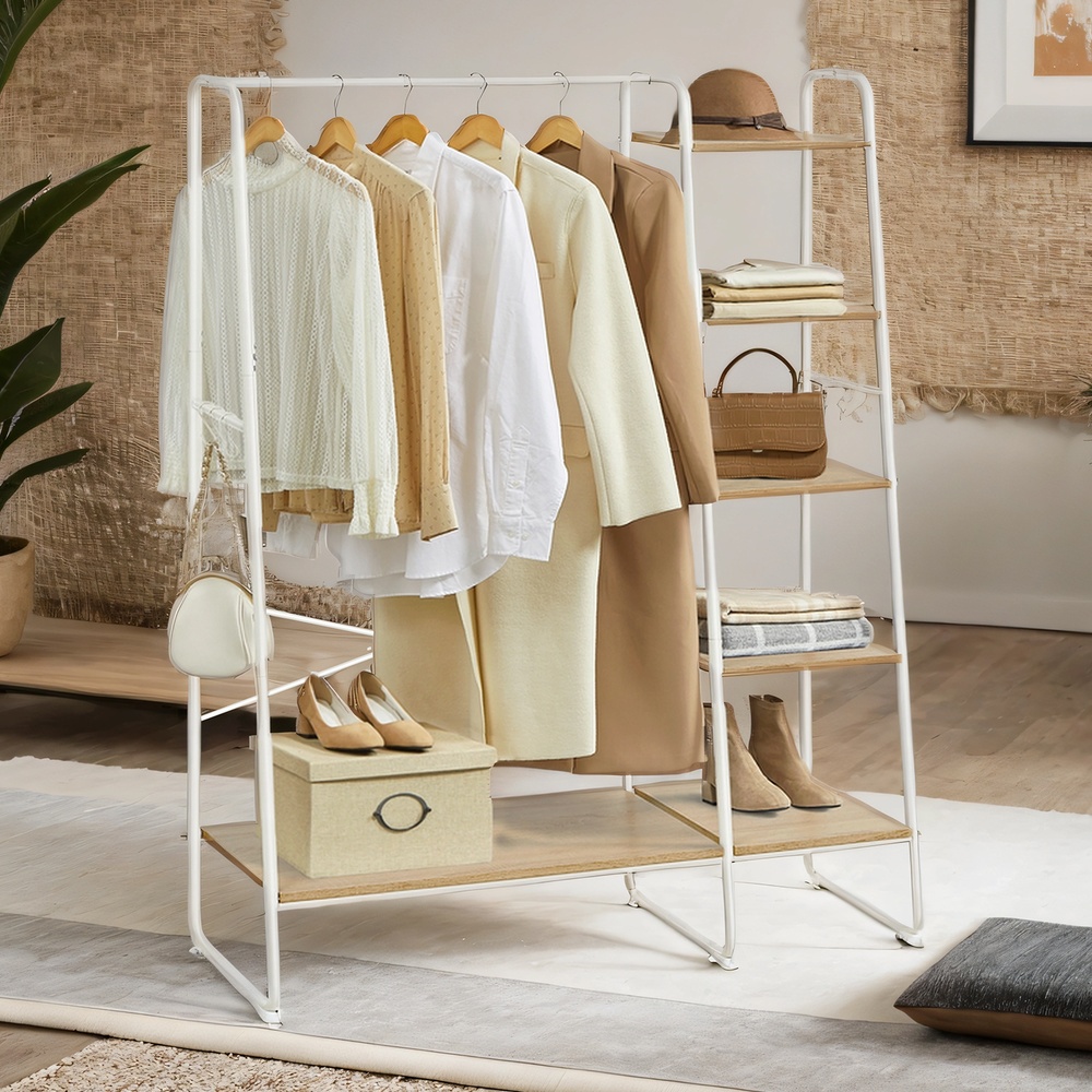 Kleiderständer, mit Schuhablage und 5-stufigem Regal, 6 seitliche Haken für Schlafzimmer Wohnzimmer