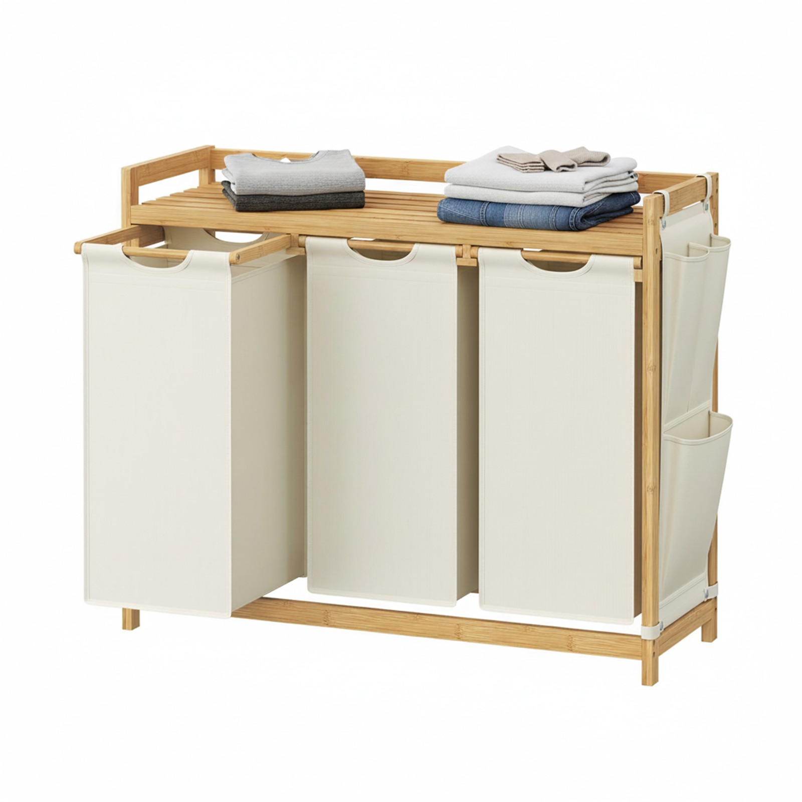 Wäschekorb 3 Fächer, Bambus, Wäschesammler 150 L