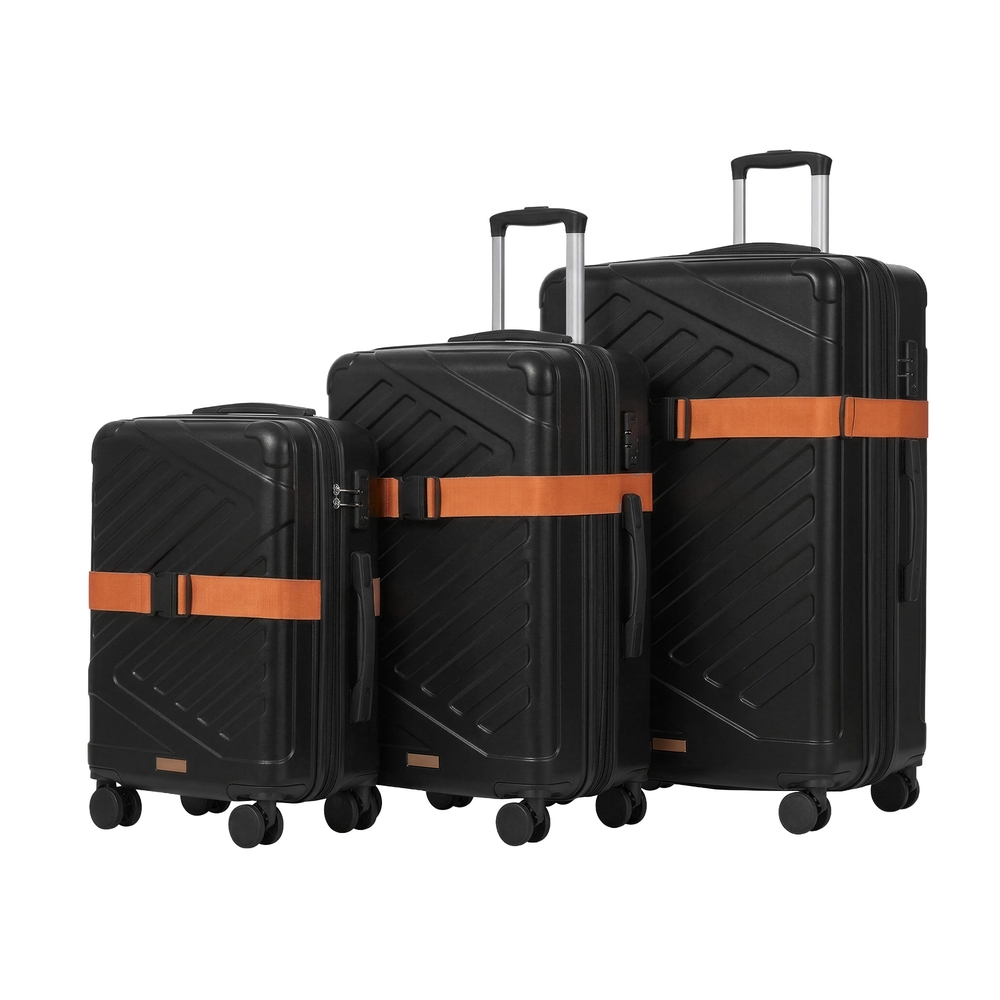 SONGMICS Koffer, Reisekoffer, Hartschalenkoffer mit TSA-Schloss, Koffergurt, ABS-Trolley, 4 Zwillingsrollen, 3er Set, Handgepäck-Koffer, erweiterbar, M/L/XL, 55/65/75 cm, tintenschwarz RLP004B101