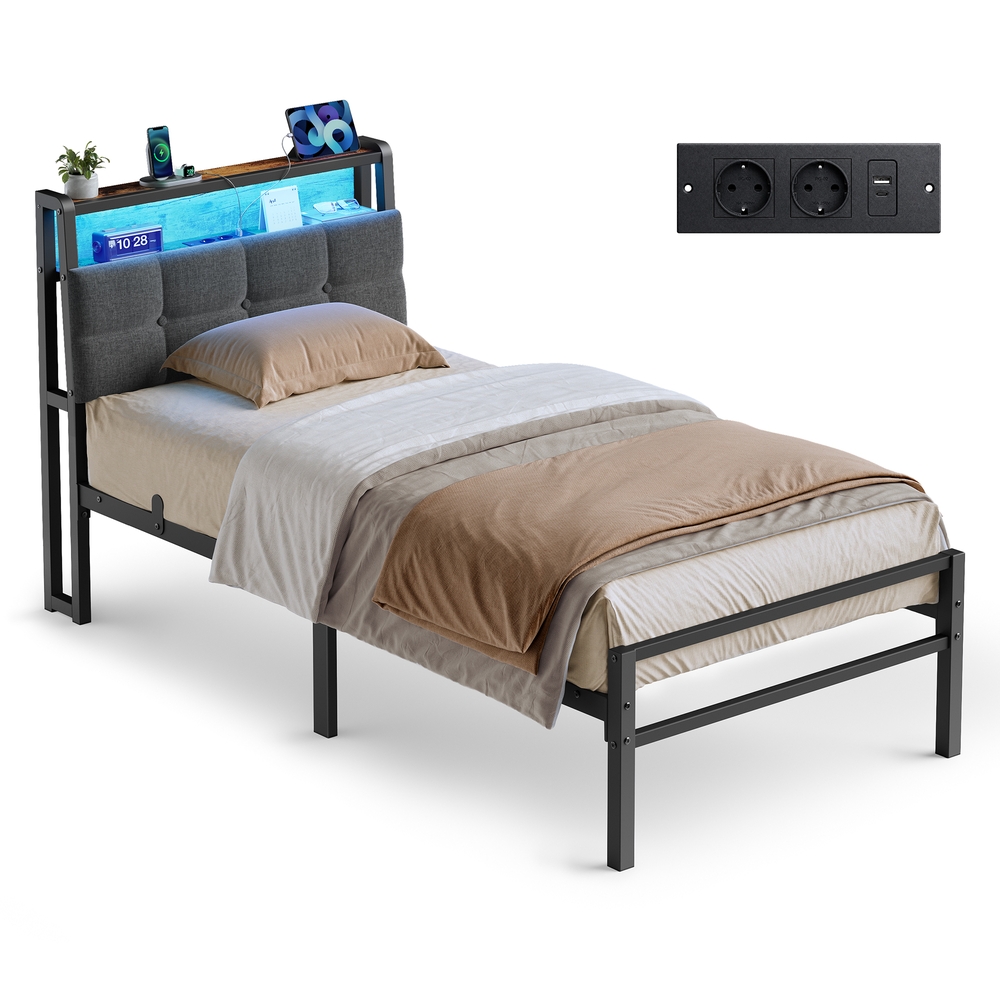 Metallbett mattes schwarz 90x200 cm mit Stauraum LED