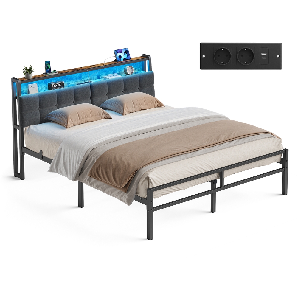 Metallbett 160 x 200 cm, Bettgestell mit Kopfteil, Bett mit Stauraum und LED Beleuchtung