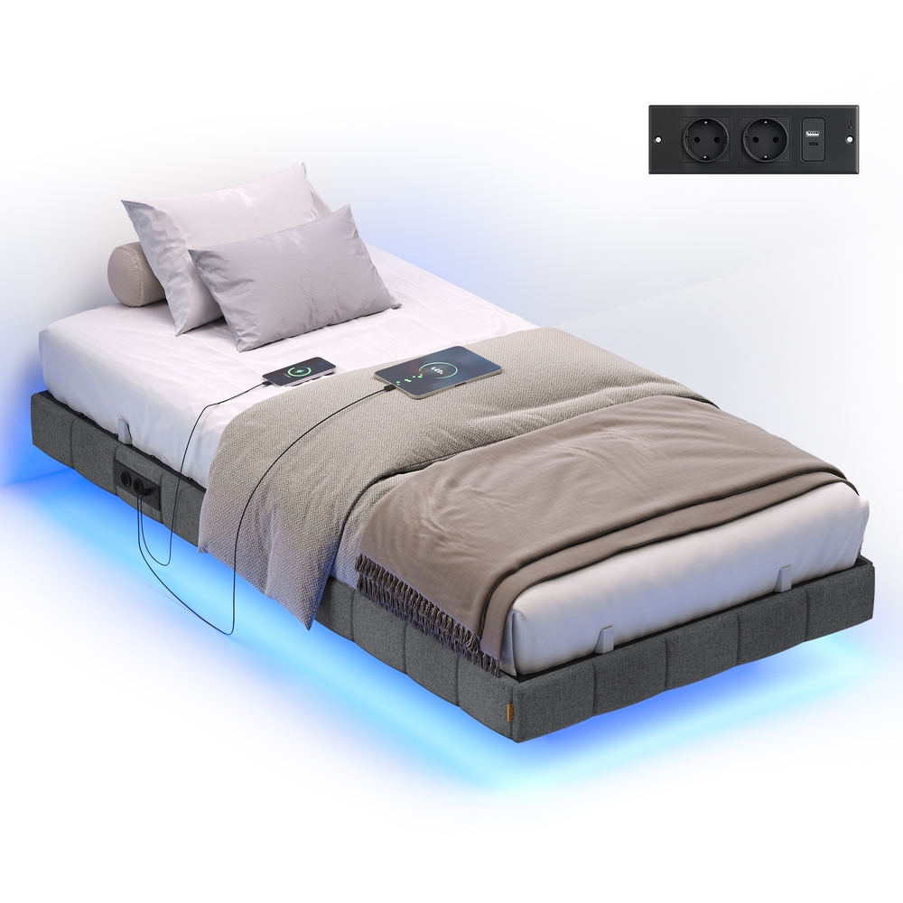 VASAGLE Bettgestell 90 x 200 cm, schwebender Effekt, LED-Beleuchtung, gepolsterte Seitenwände, 2 AC-Steckdosen, 2 USB-A-Anschlüsse, 1 USB-C-Anschluss, bis 250 kg belastbar, schiefergrau RMB162G101