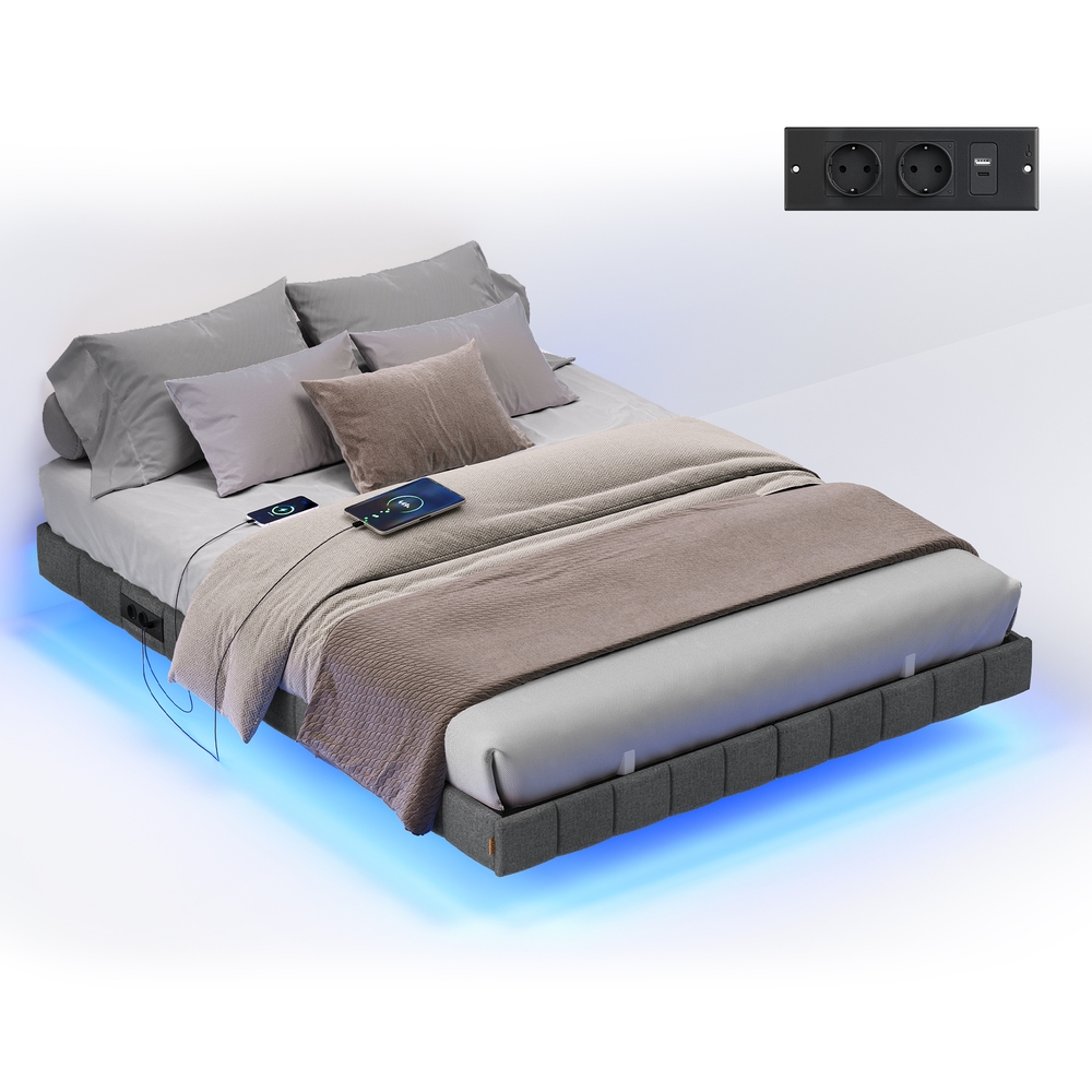 VASAGLE Bettgestell 140 x 200 cm, schwebender Effekt, LED-Beleuchtung, gepolsterte Seitenwände, 2 AC-Steckdosen, 2 USB-A-Anschlüsse, 1 USB-C-Anschluss, bis 500 kg belastbar, schiefergrau RMB164G101