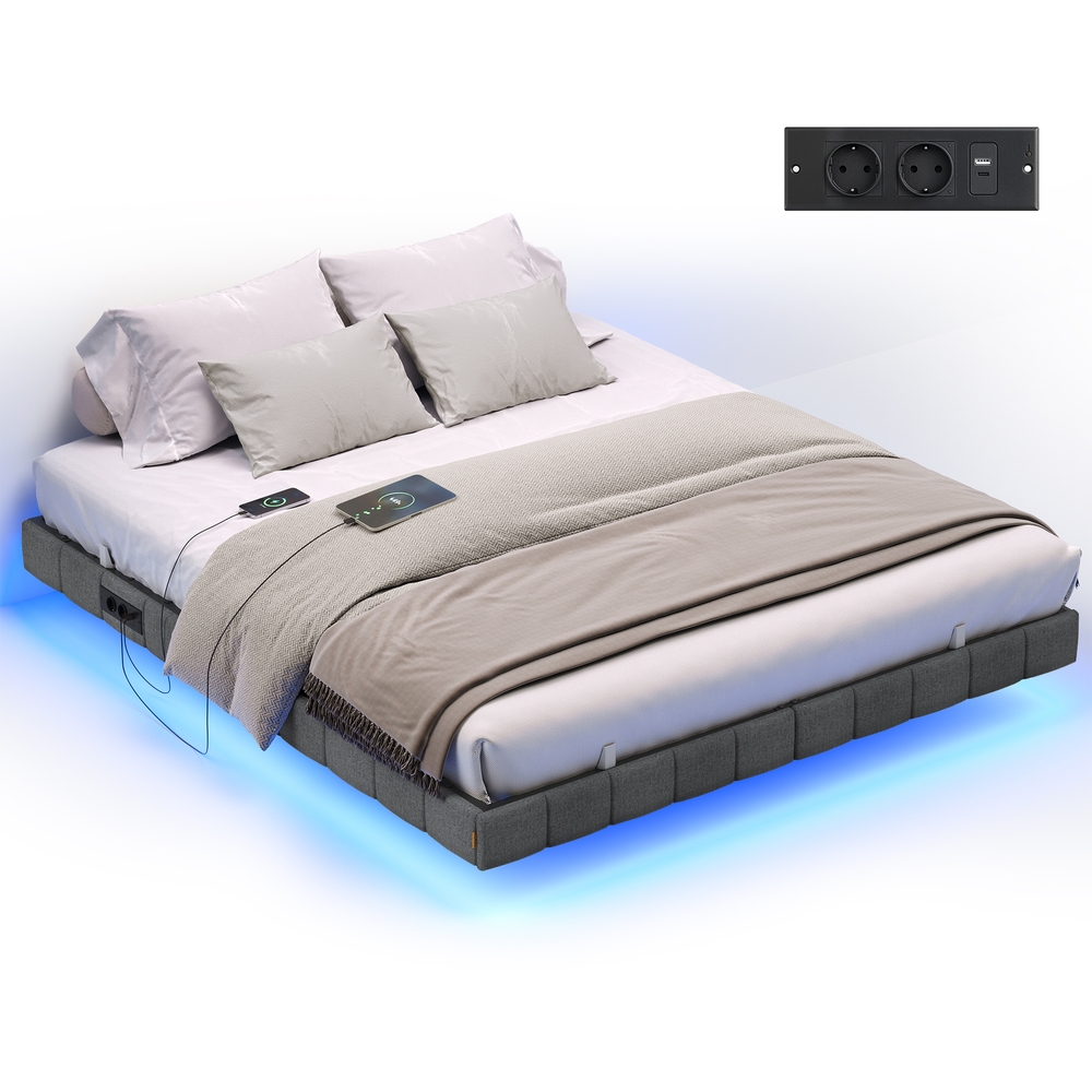 VASAGLE Bettgestell 160 x 200 cm, schwebender Effekt, LED-Beleuchtung, gepolsterte Seitenwände, 2 AC-Steckdosen, 2 USB-A-Anschlüsse, 1 USB-C-Anschluss, bis 500 kg belastbar, schiefergrau RMB165G101