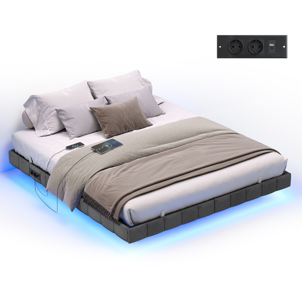 VASAGLE Bettgestell 180 x 200 cm, schwebender Effekt, LED-Beleuchtung, gepolsterte Seitenwände, 2 AC-Steckdosen, 2 USB-A-Anschlüsse, 1 USB-C-Anschluss, bis 500 kg belastbar, schiefergrau RMB168G101