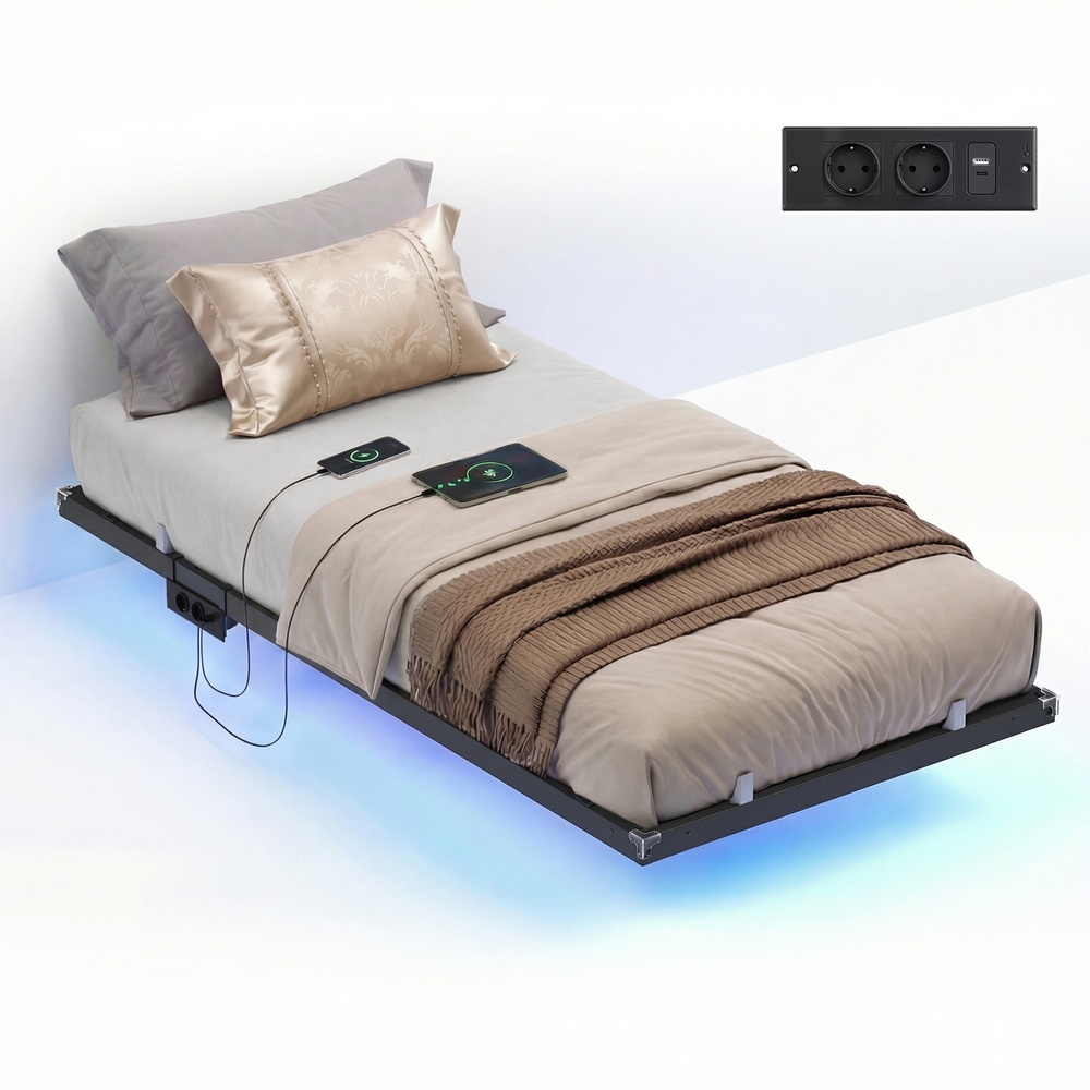 Vasagle Bettgestell 90 X 200 Cm, Schwebender Effekt, Led-Beleuchtung, Abnehmbare Steckdosenleiste, 2 Ac-Steckdosen, 1 Usb-C-Anschluss, 2