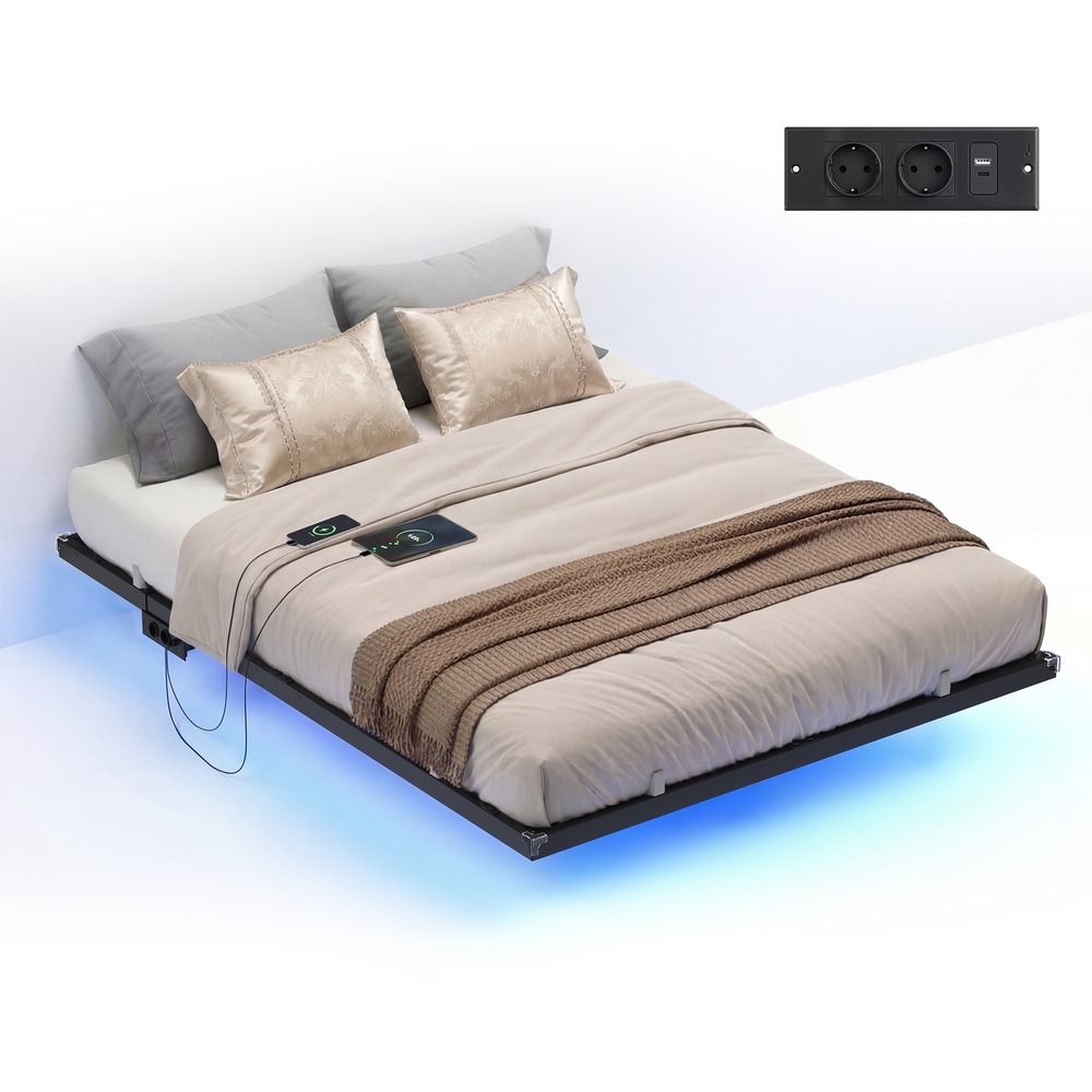 Vasagle Bettgestell 140 X 200 Cm, Schwebender Effekt, Led-Beleuchtung, Abnehmbare Steckdosenleiste, 2 Ac-Steckdosen, 1 Usb-C-Anschluss, 2