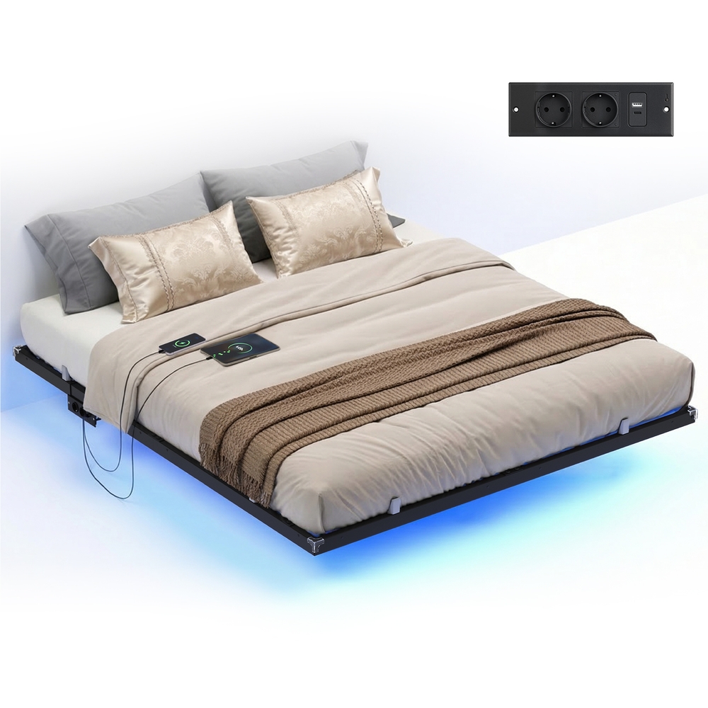 Vasagle Bettgestell 160 X 200 Cm, Schwebender Effekt, Led-Beleuchtung, Abnehmbare Steckdosenleiste, 2 Ac-Steckdosen, 1 Usb-C-Anschluss, 2