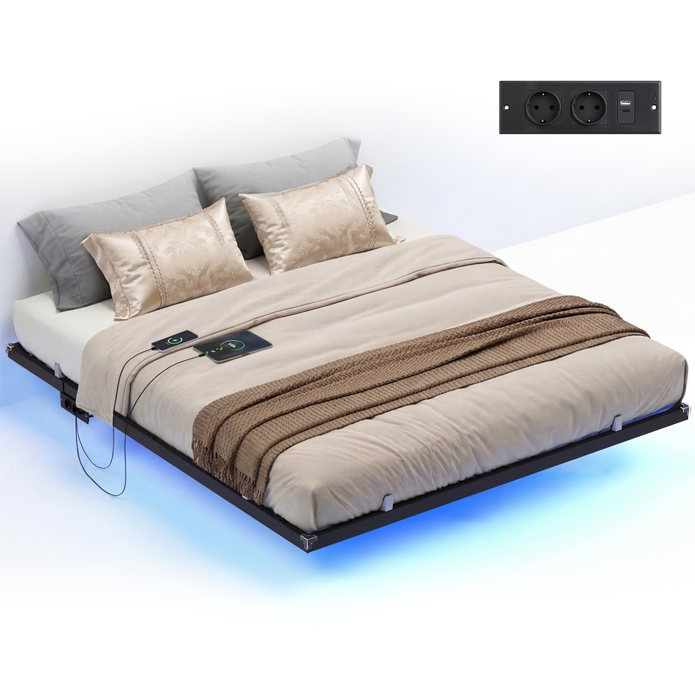 VASAGLE Bettgestell 180 x 200 cm, schwebender Effekt, LED-Beleuchtung, abnehmbare Steckdosenleiste, 2 AC-Steckdosen, 1 USB-C-Anschluss, 2 USB-A-Anschlüsse, trägt bis 500 kg, tintenschwarz RMB178B101