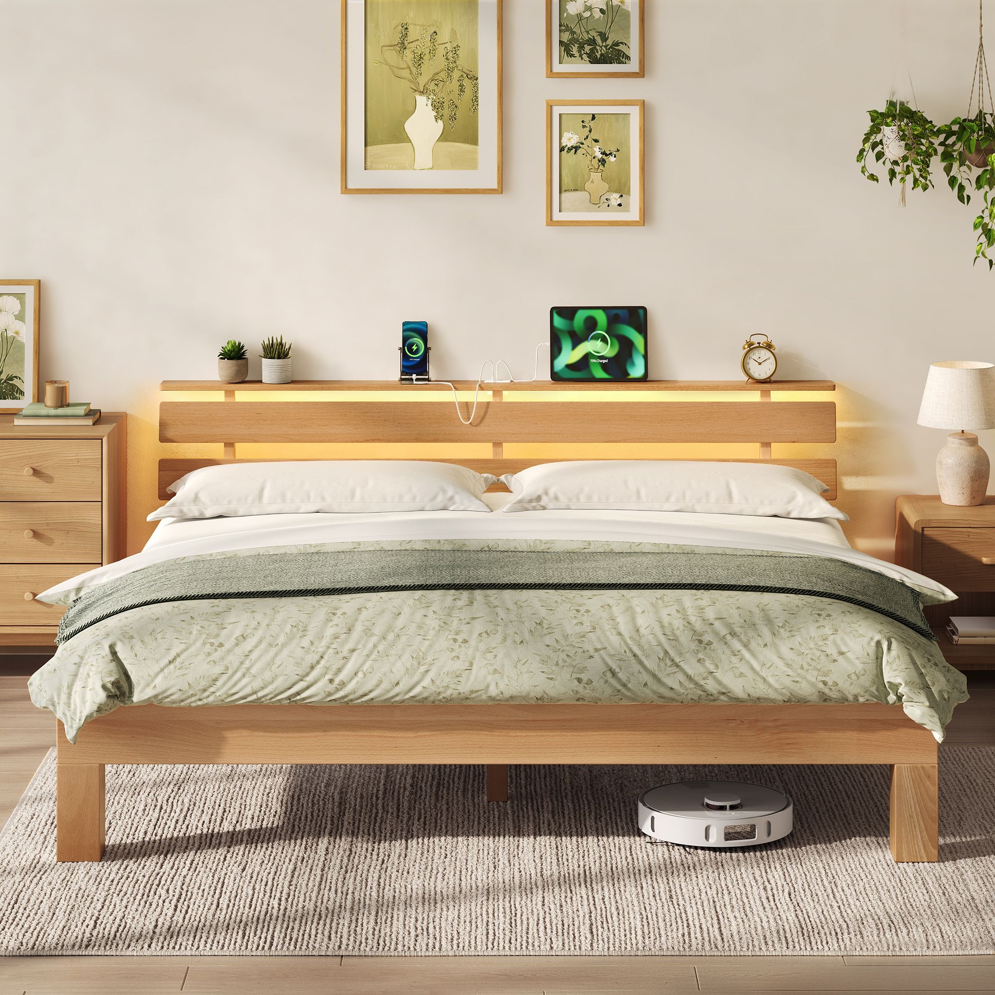 Bettgestell aus massivem Buchenholz mit LED und USB