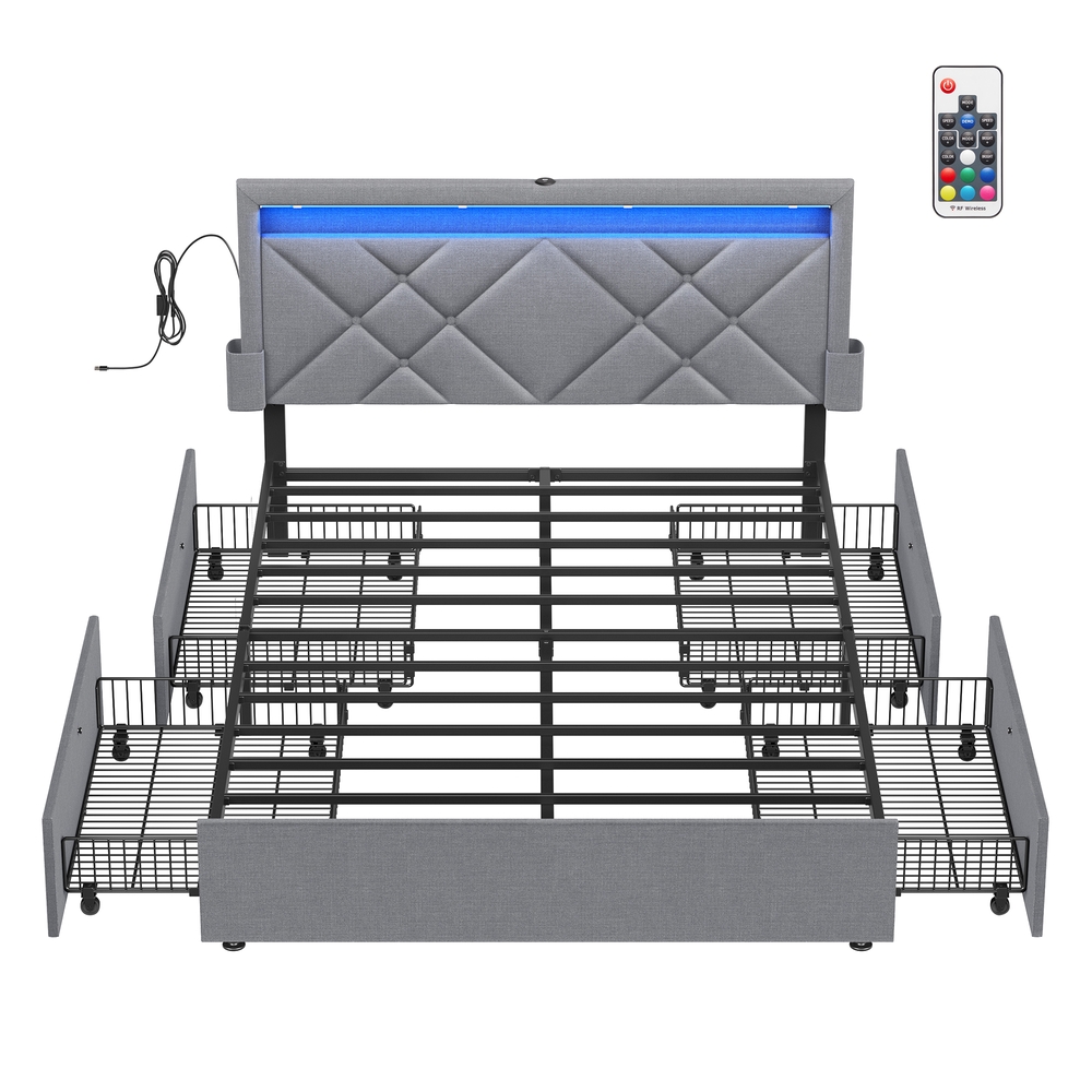 Doppelbettgestell 140 x 200 cm mit LED und Ladestation hellgrau-mattschwarz