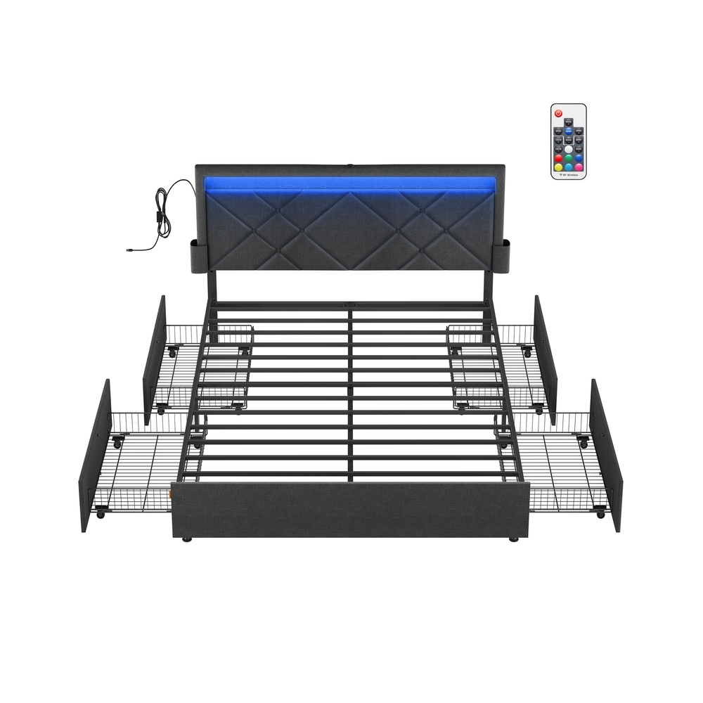 Doppelbettgestell 140 x 200 cm mit LED und Ladestation schiefergrau