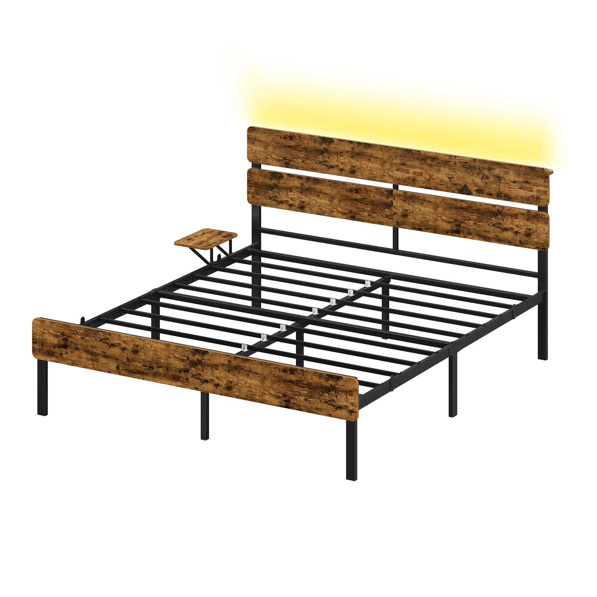 Bettgestell mit LED-Beleuchtung, USB-Anschlüssen und 500 kg Belastbarkeit, 214,2 x 167 x 100,2 cm, Vintagebraun