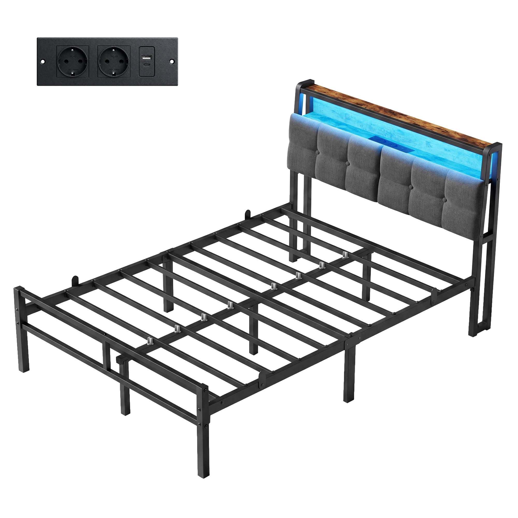Metallbett 120 x 200 cm mit LED-Beleuchtung, Steckdosen und Stauraum Schwarz