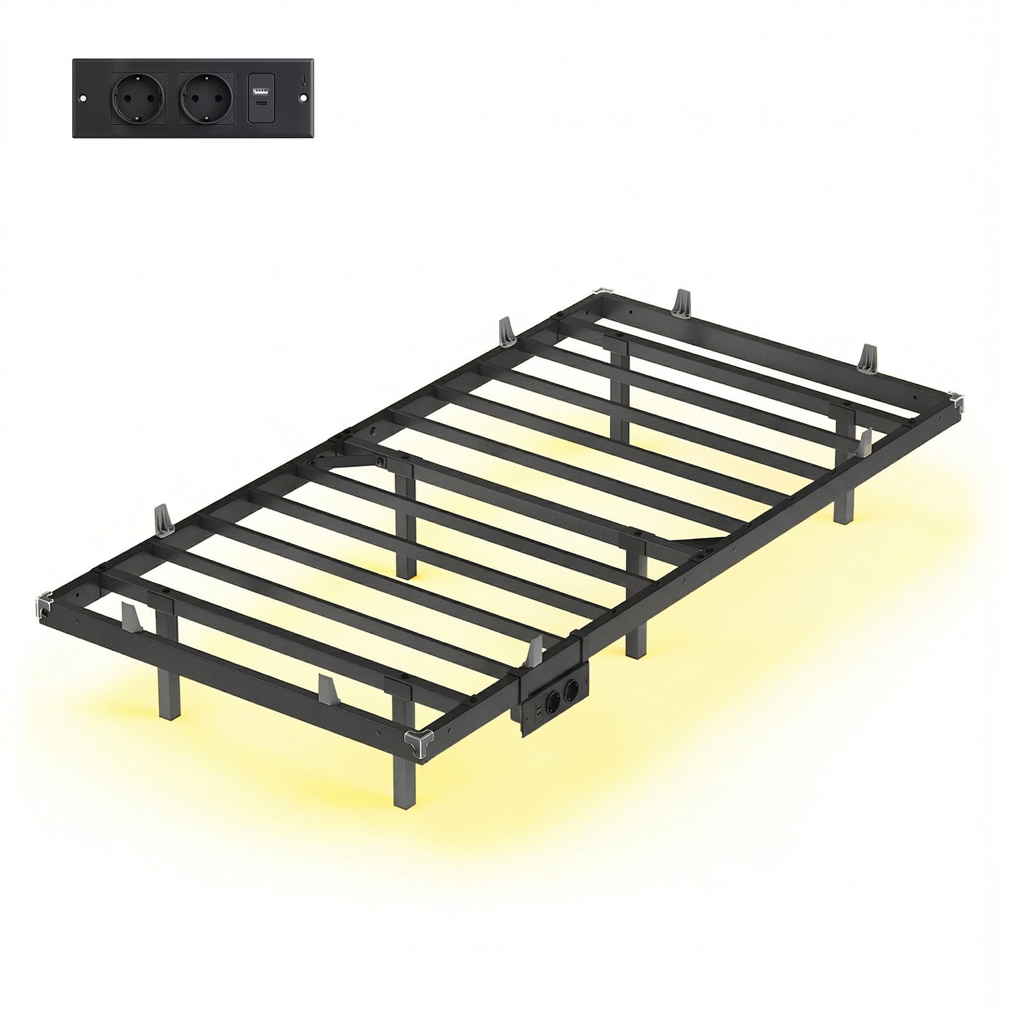 Bettgestell 90 x 200 cm mit LED-Beleuchtung, USB-C-Anschluss, Steckdosenleiste