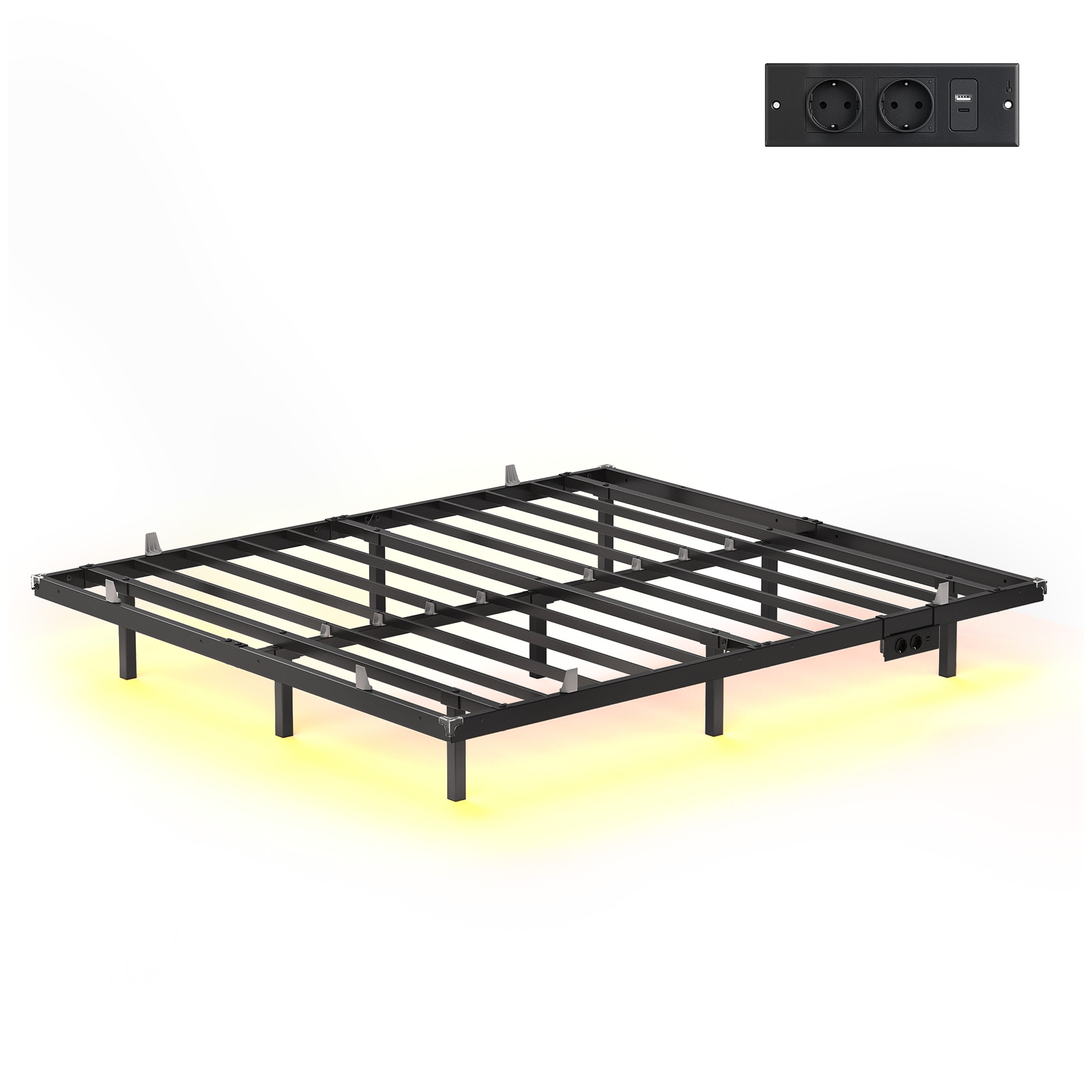 Bettgestell 160 x 200 cm mit LED-Beleuchtung, USB-C-Anschluss, Steckdosenleiste