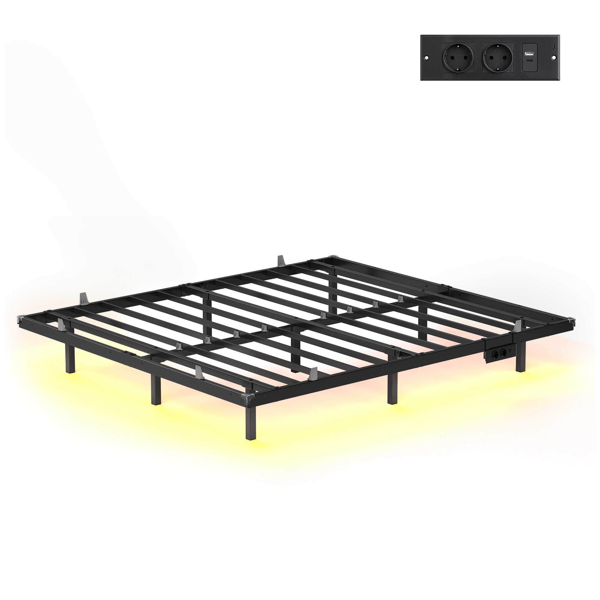 Bettgestell 180 x 200 cm mit LED-Beleuchtung, USB-C-Anschluss, Steckdosenleiste