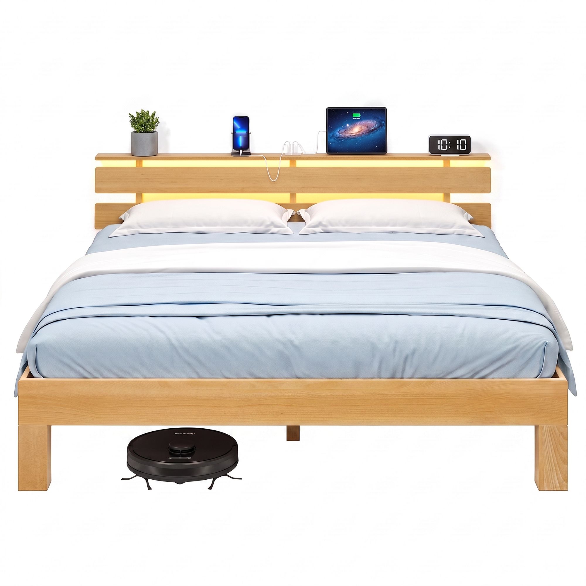 Bettgestell aus Buche 160 x 200 cm mit Kopfteil LED und USB