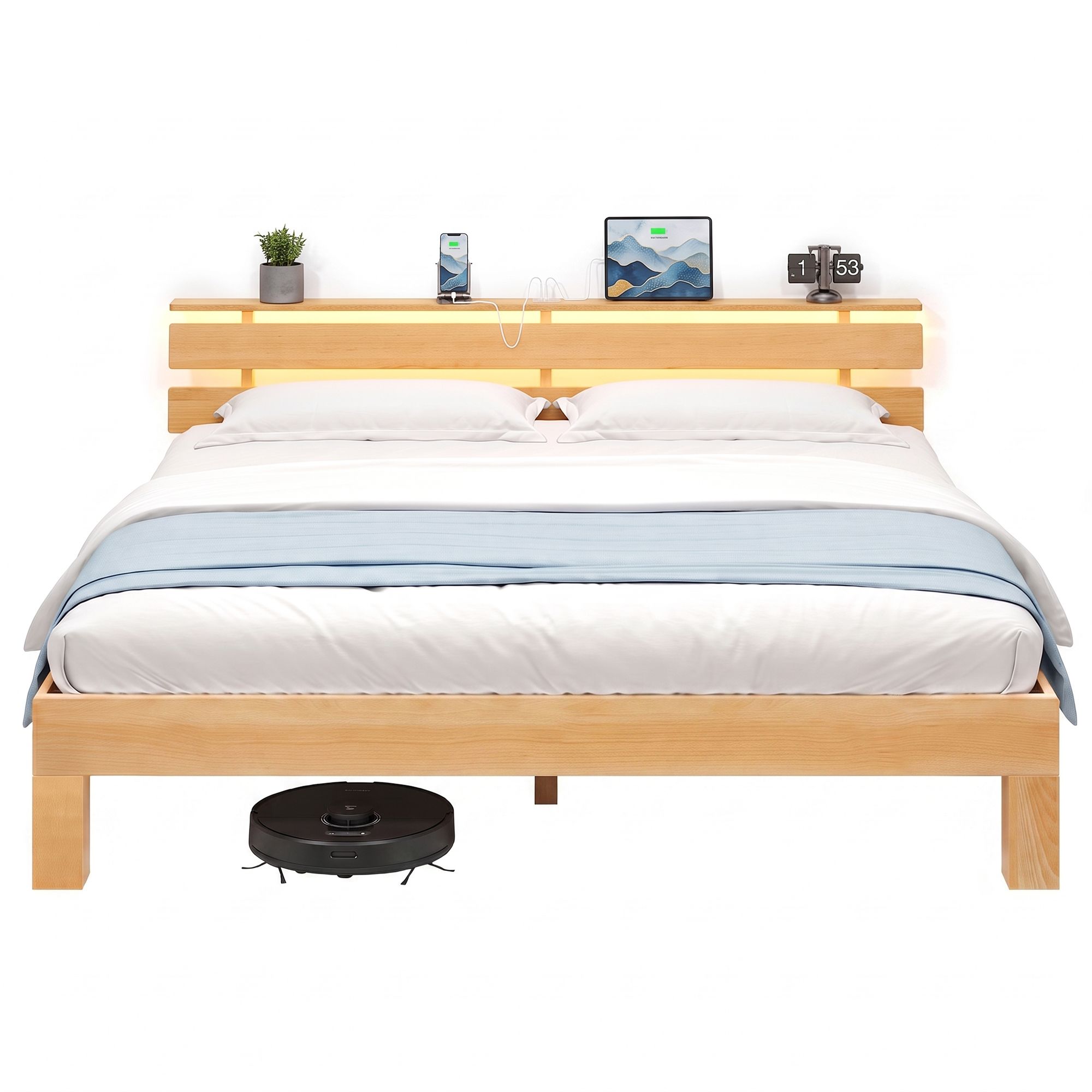 Bettgestell aus Buche 180 x 200 cm mit Kopfteil LED und USB