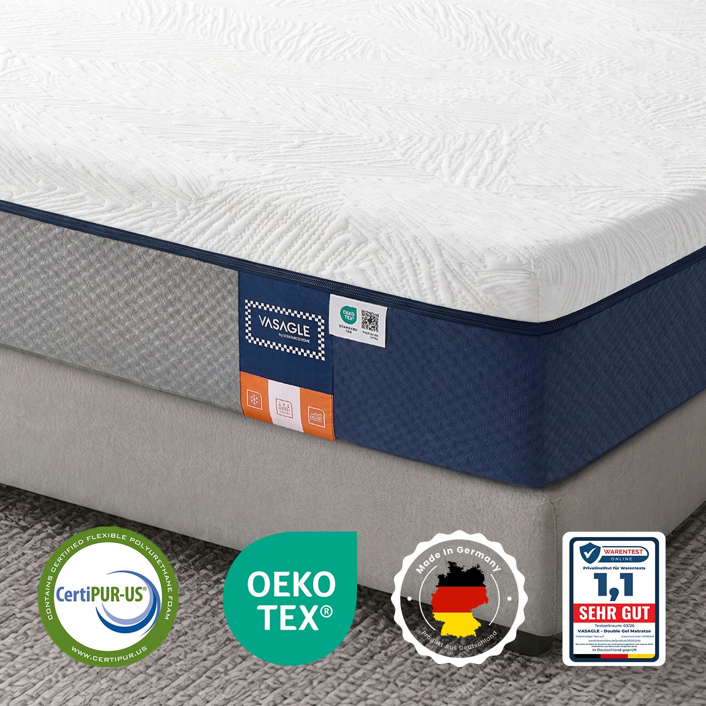 Matratze 160 x 200 x 20 cm, Gel-Memory-Schaum, 7-Zonen, mittelfest, abnehmbarer Bezug, atmungsaktiv, blau