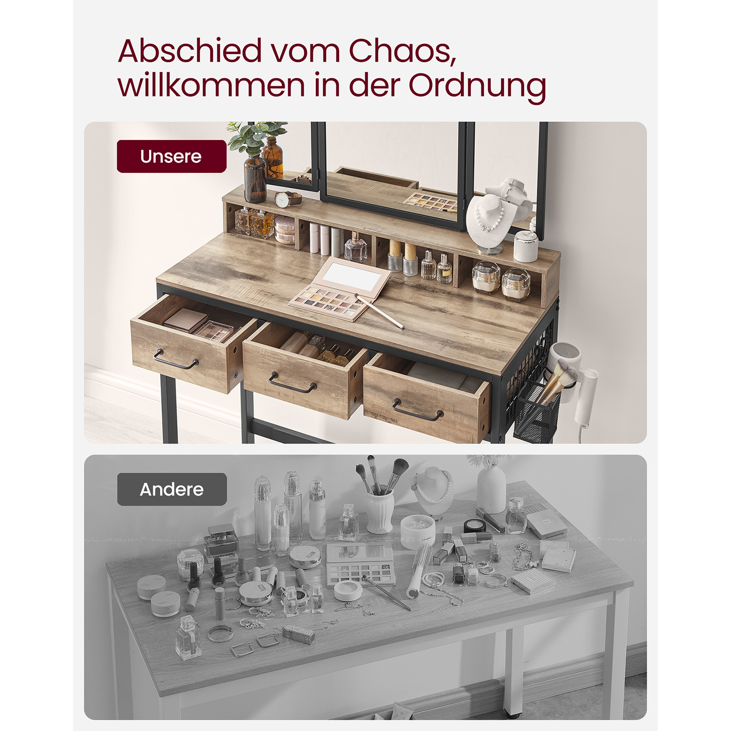 Kosmetinis staliukas su taburete ir veidrodžiu