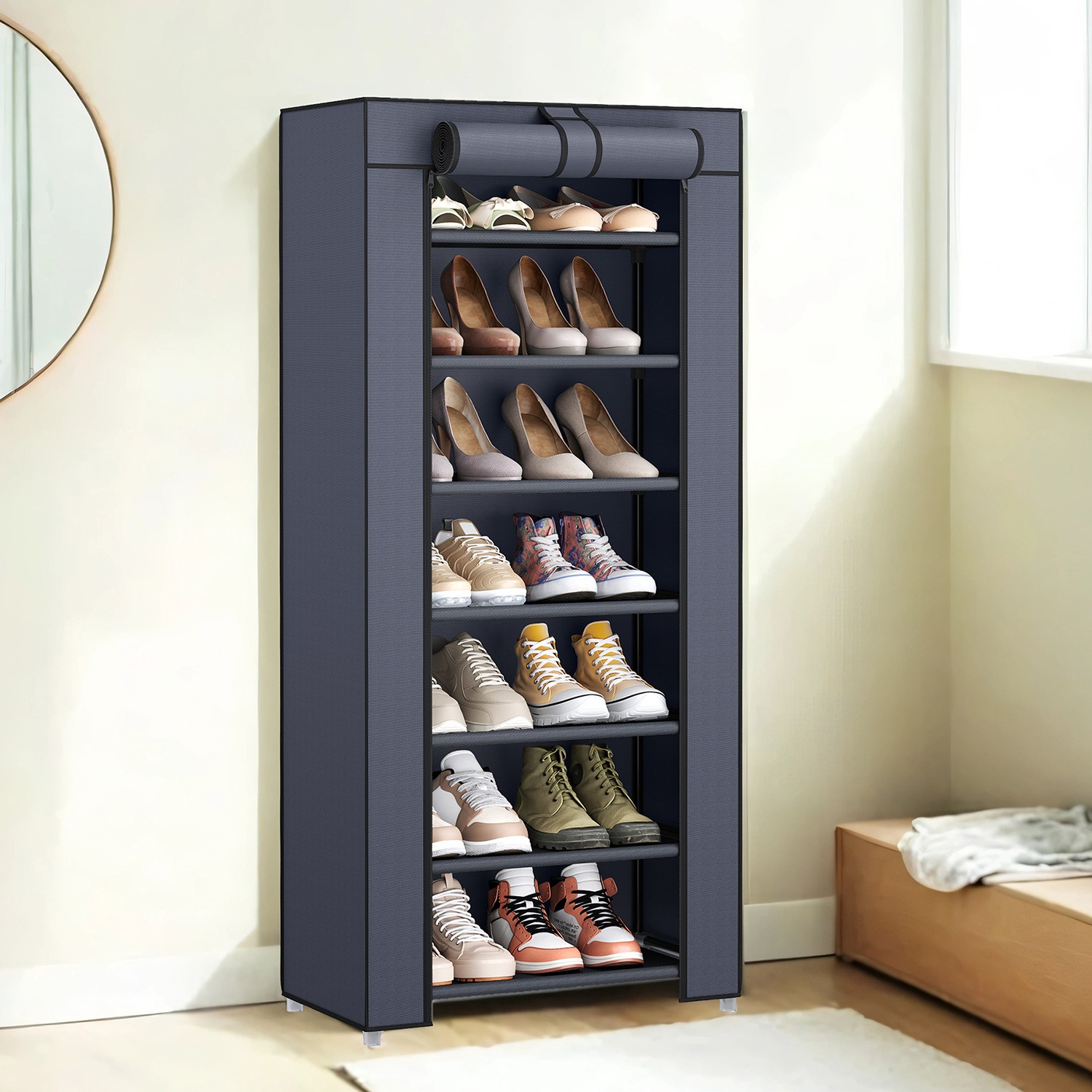 Schuhregal 7 Ebenen, mit Überzug, Schuhschrank