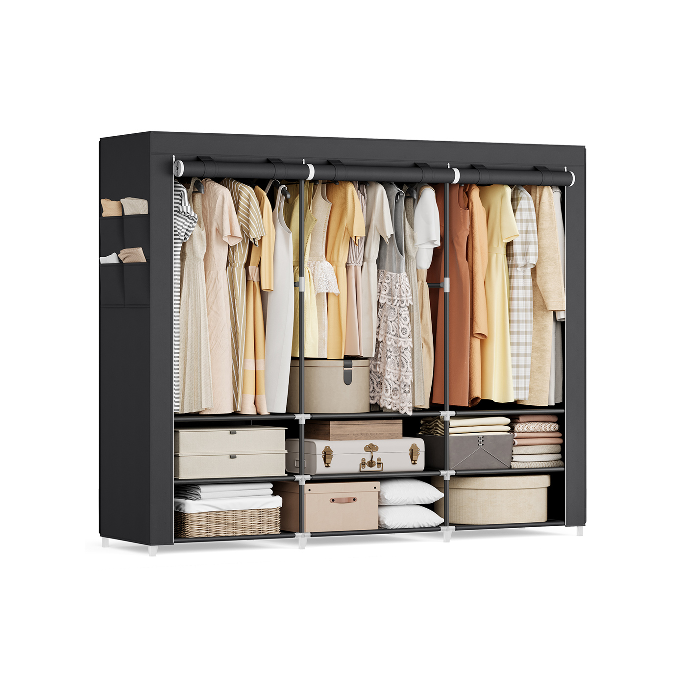 Stoffschrank 45 x 188 x 176 cm mit 3 Hängefächern schwarz