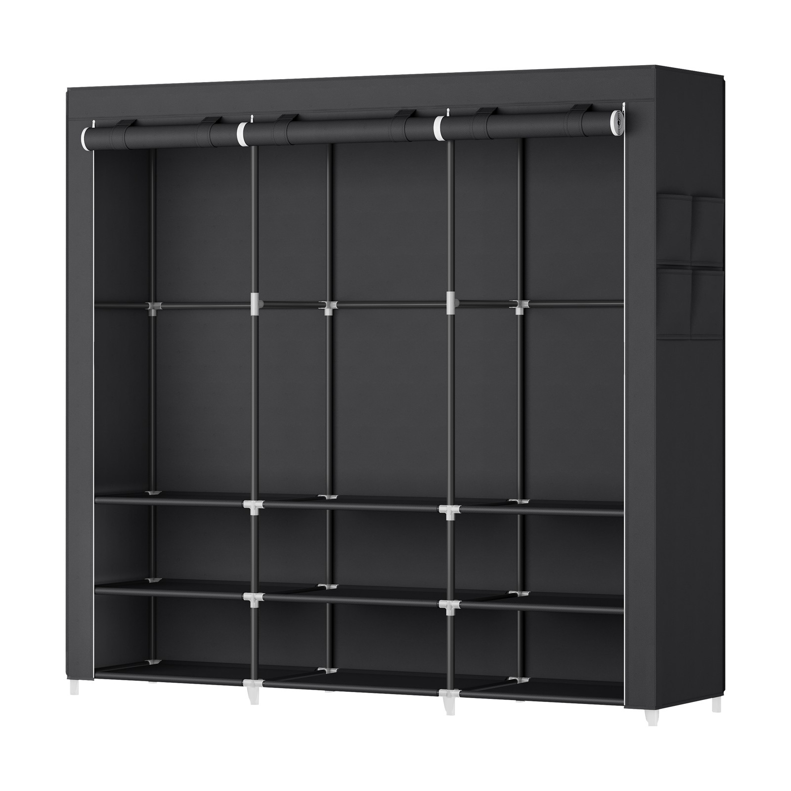 Kleiderschrank aus Stoff mit 3 Hängefächern, Regalen und 4 Taschen, Garderobe für Schlafzimmer