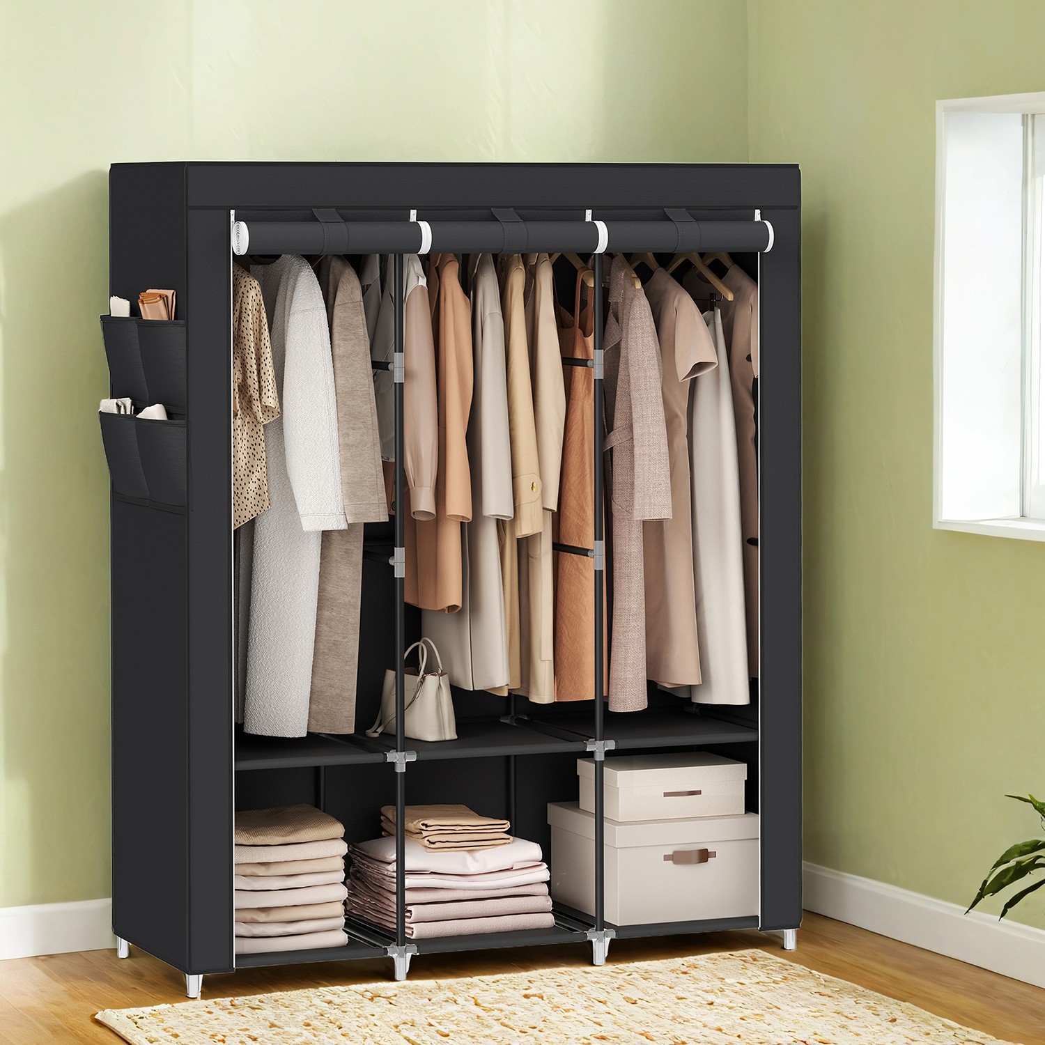 Stoffschrank mit 3 Kleiderstangen und 4 Seitentaschen