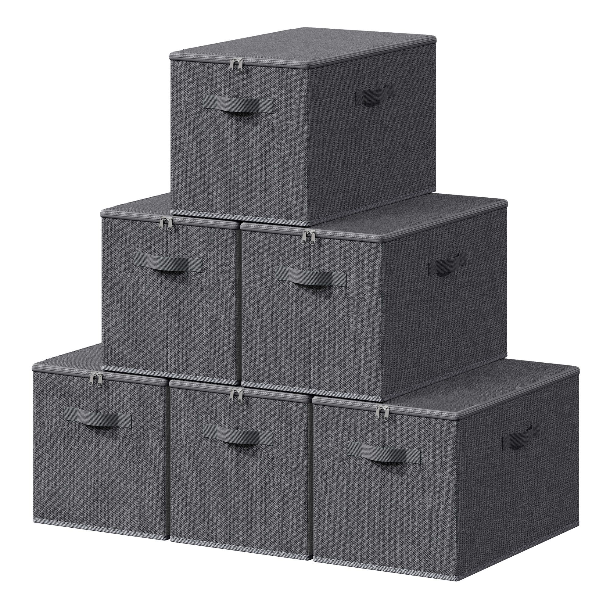 Stoffbox, faltbare Aufbewahrungsbox mit Griffen, für Kleidung, Gewebe in Leinenoptik, Papier, Vliesstoff, 6er Set, grau