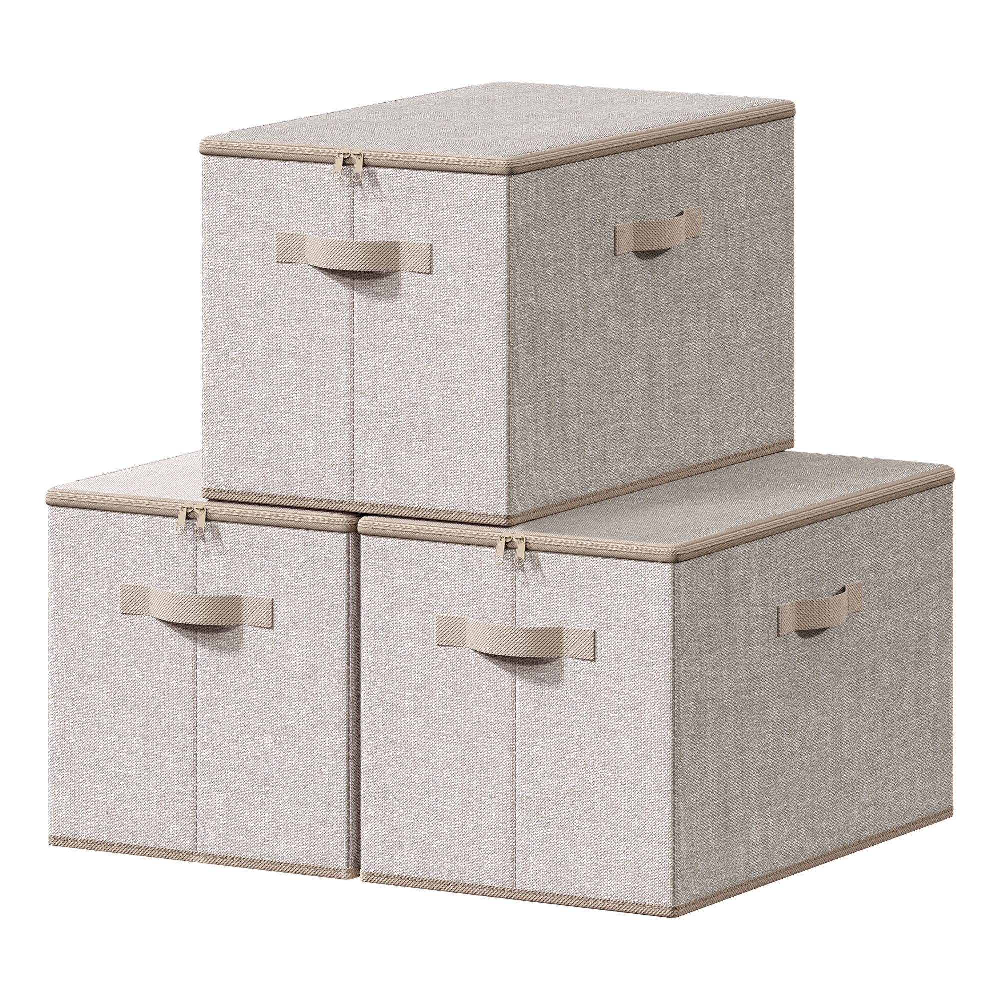 Stoffbox, faltbare Aufbewahrungsbox mit Griffen, für Kleidung, Stoff in Leinenoptik, Papier, Vliesstoff, 3er Set, Beige