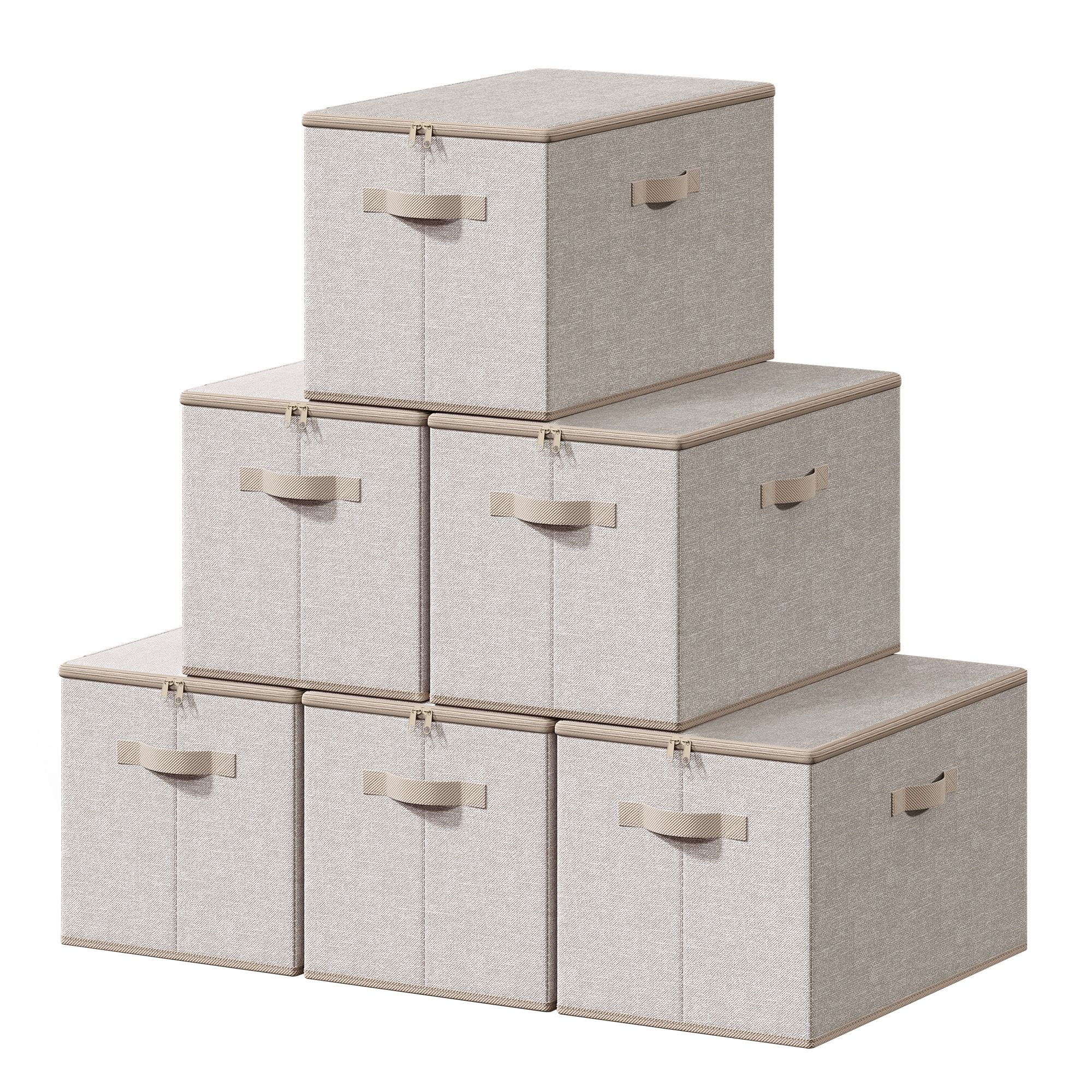 Stoffbox, faltbare Aufbewahrungsbox mit Griffen, für Kleidung, Leinenoptik-Gewebe, Papier, Vliesstoff, 6er Set, beige