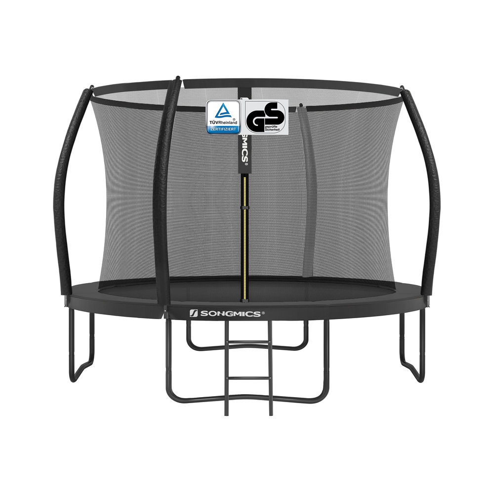 Trampolin 305 cm d, Gartentrampolin für Kinder mit Sicherheitsnetz, 180 cm hohe Gebogene Stangen, Randabdeckung, Leiter, Stahlrahmen, schwarz STR102B01