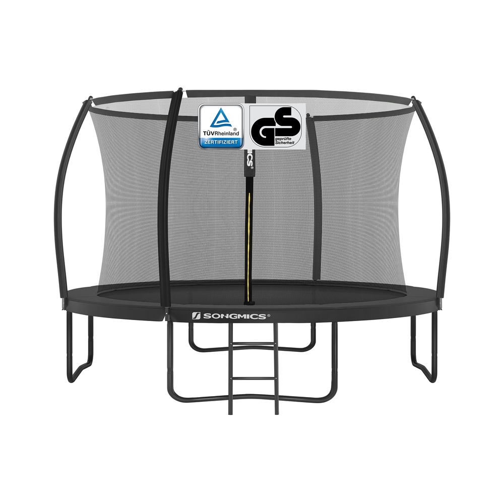Trampolin 366 cm d, Gartentrampolin für Kinder mit Sicherheitsnetz, 180 cm hohe Gebogene Stangen, Randabdeckung, Leiter, Stahlrahmen, schwarz STR122B01