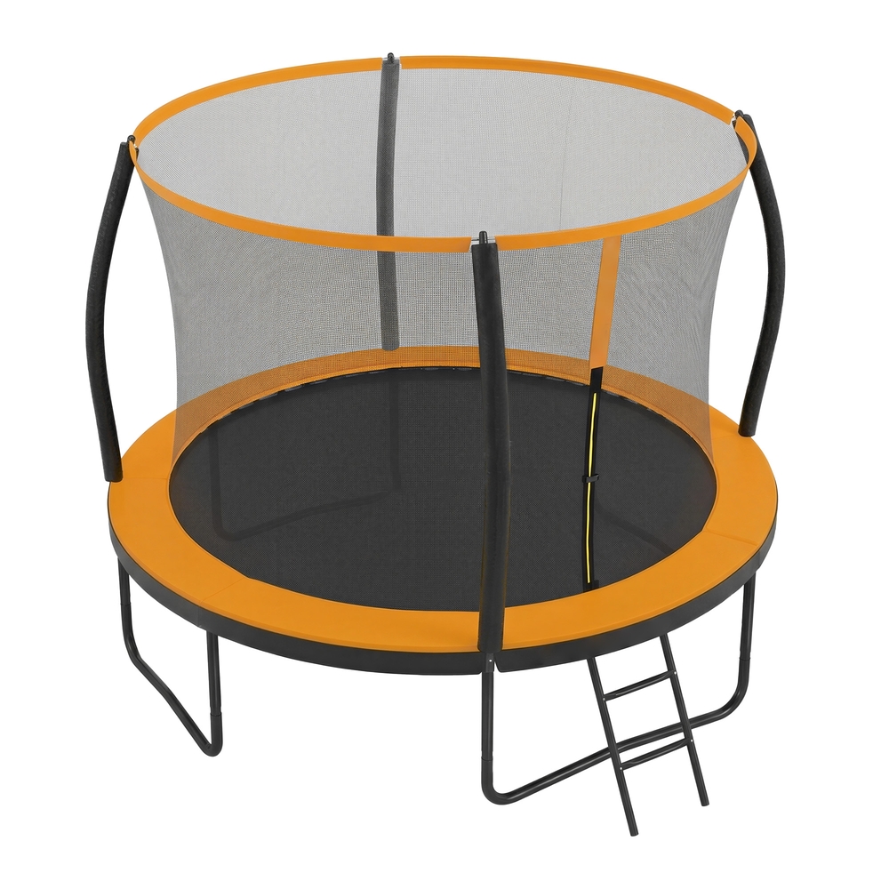 Trampolin 305 cm d, Gartentrampolin mit Sicherheitsnetz, 180 cm hohe gebogene Stangen