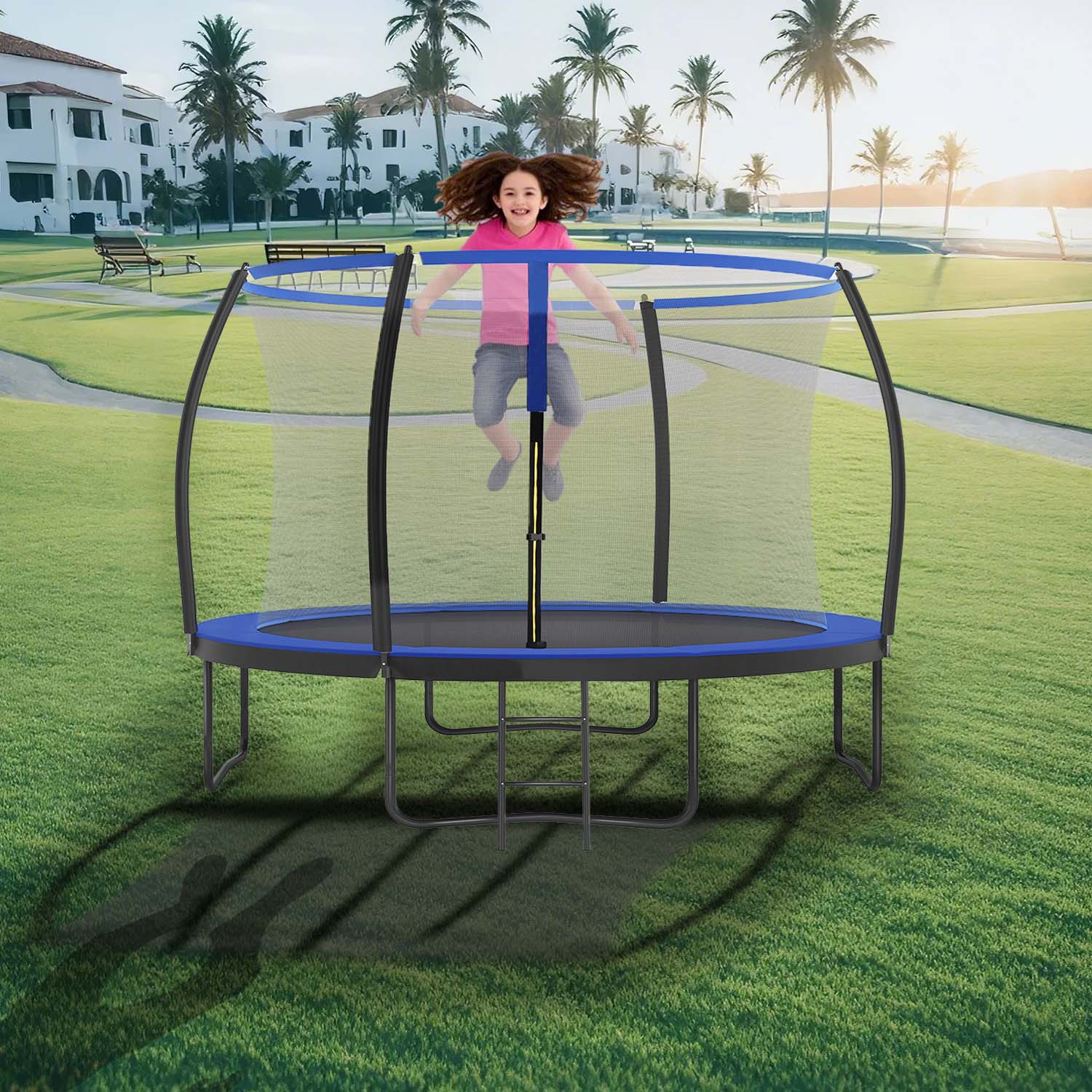 Trampolin 366 cm d, Gartentrampolin mit Sicherheitsnetz, 180 cm hohe gebogene Stangen