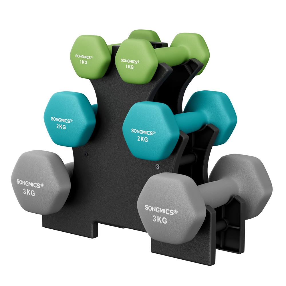 SONGMICS Kurzhantel Set, Hexagon, mit Hantelständer, PVC-Beschichtung | 2 x 1 kg, 2 x 2 kg, 2 x 3 kg, mattes Finish, Krafttraining, zu Hause, Schwarz, Stefan Kollektion SYL612GN