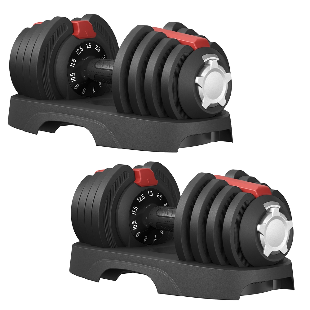 SONGMICS Kurzhanteln 2er set, verstellbare Hanteln 11-in-1, 1,5 kg bis 12,5 kg, platzsparend, rutschfester Griff, mit Ständer, Fitness und Krafttraining für zuhause, schwarz-rot SYL525R101