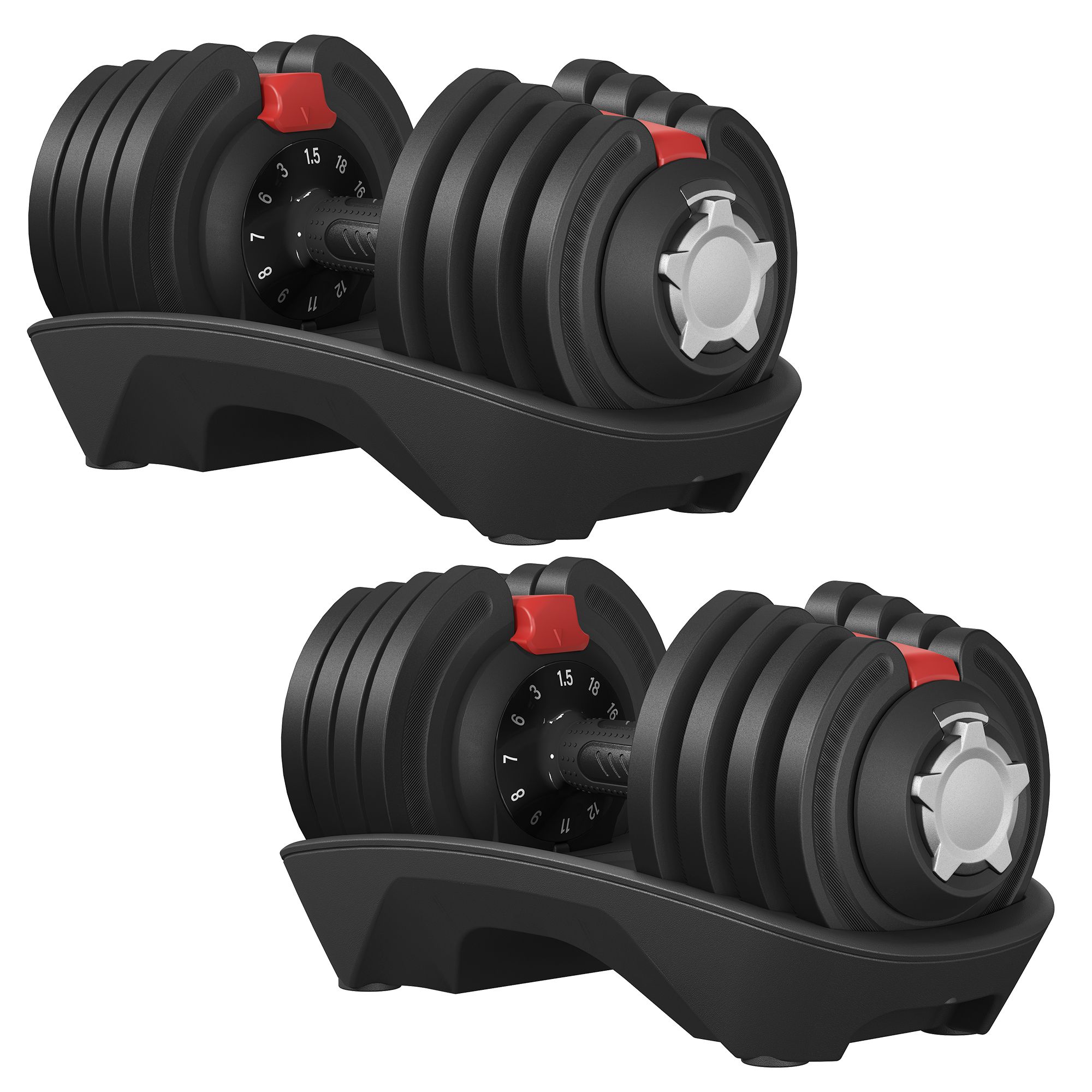 SONGMICS Kurzhanteln 2er set, verstellbare Hanteln 12-in-1, 1,5 kg bis 18 kg, platzsparend, rutschfester Griff, mit Ständer, Fitness und Krafttraining für zuhause, schwarz-rot SYL536R101
