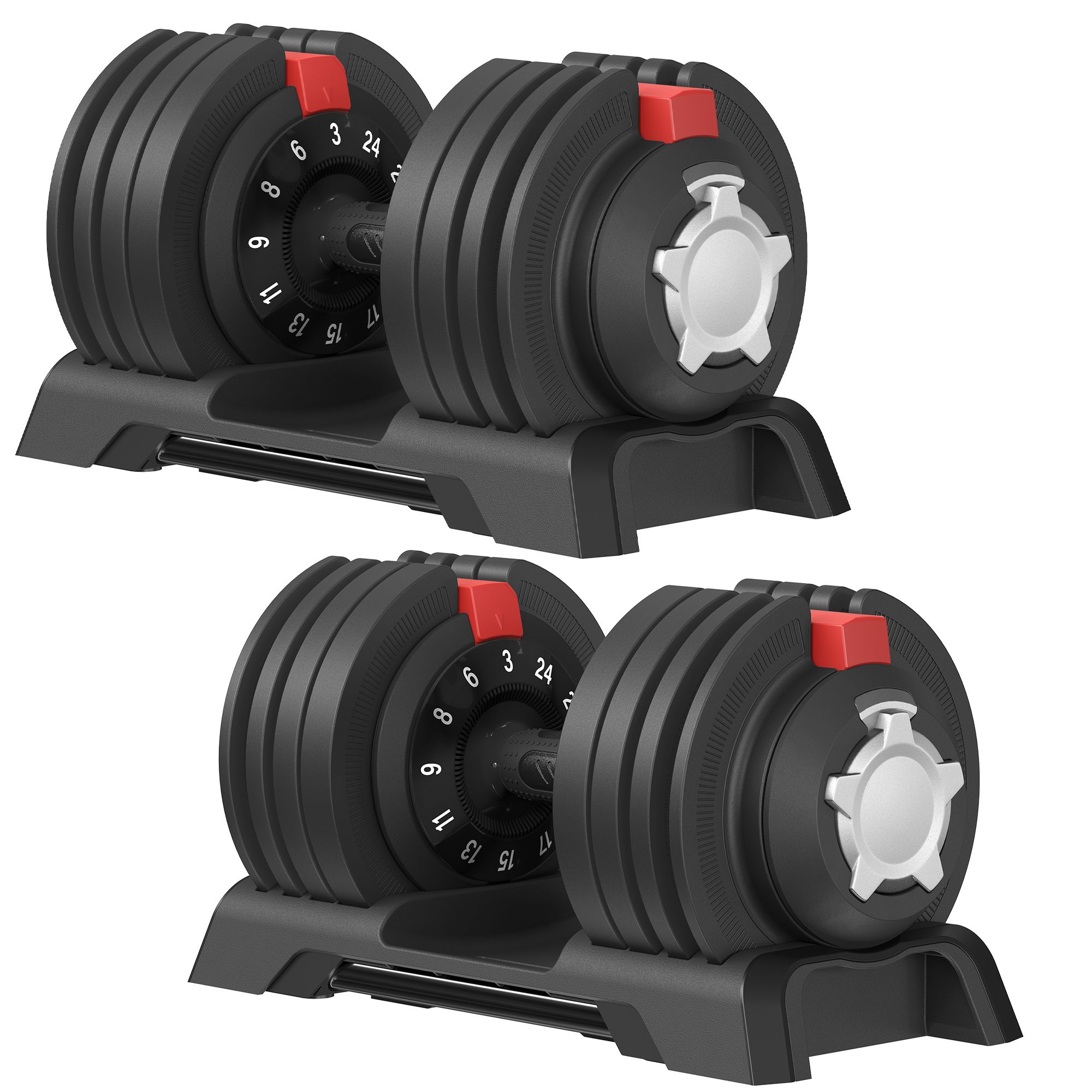 SONGMICS Kurzhanteln 2er set, verstellbare Hanteln 12-in-1, 3 kg bis 24 kg, platzsparend, rutschfester Griff, mit Ständer, Fitness und Krafttraining für zuhause, schwarz-rot SYL548R101