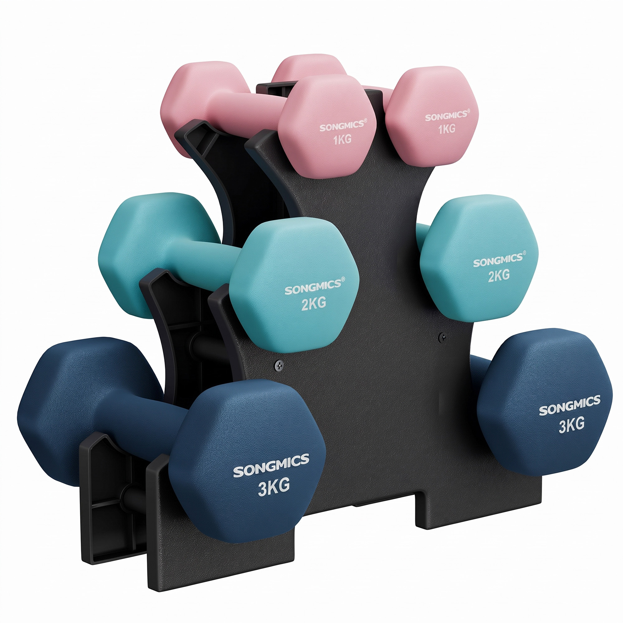 Songmics - Kurzhantel Set 12kg2 x 1 kg 2 x 2 kg 2 x 3 kg Hexagon mit Hantelständer Krafttraining zu Hause Fitnessstudio rosa aquamarin und blau