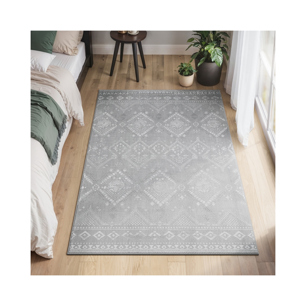 Boho Teppich 120 x 170 cm waschbar flauschig hellgrau